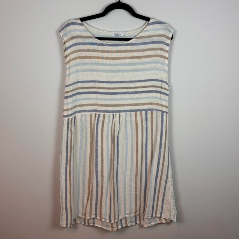 Blu Orchid Italian 100% Linen Striped Sleeveless Summer dress sz Large Oversized